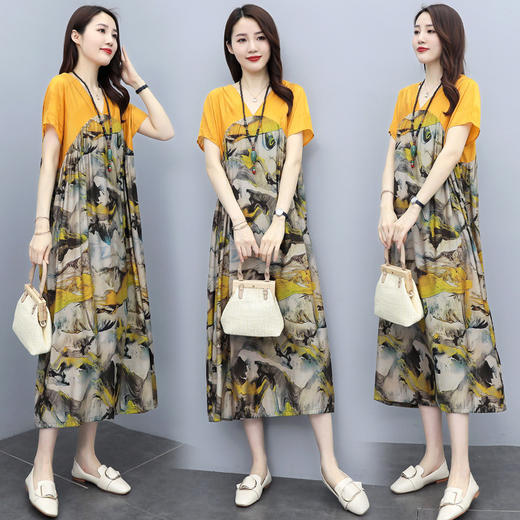 HR YZCB818时尚优雅气质宽松拼接印花连衣裙 商品图2