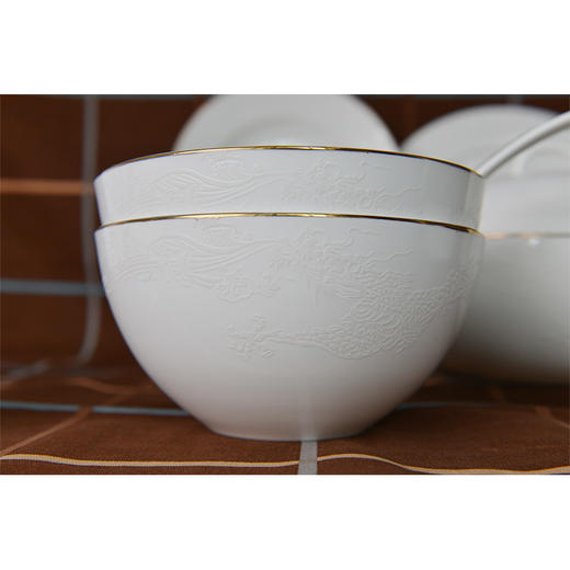 红玫瑰骨质瓷餐具套装唐山骨瓷餐具家用碗碟盘子金边白色飞龙在天礼品48头餐具 商品图3