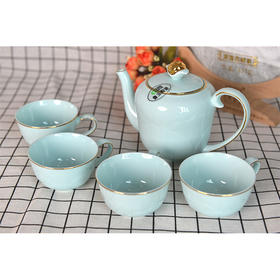 鲁玉陶瓷茶具组合套装高档金边青色5头茶具