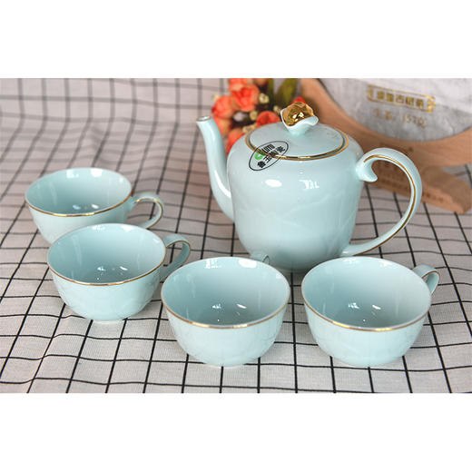 鲁玉陶瓷茶具组合套装高档金边青色5头茶具 商品图0