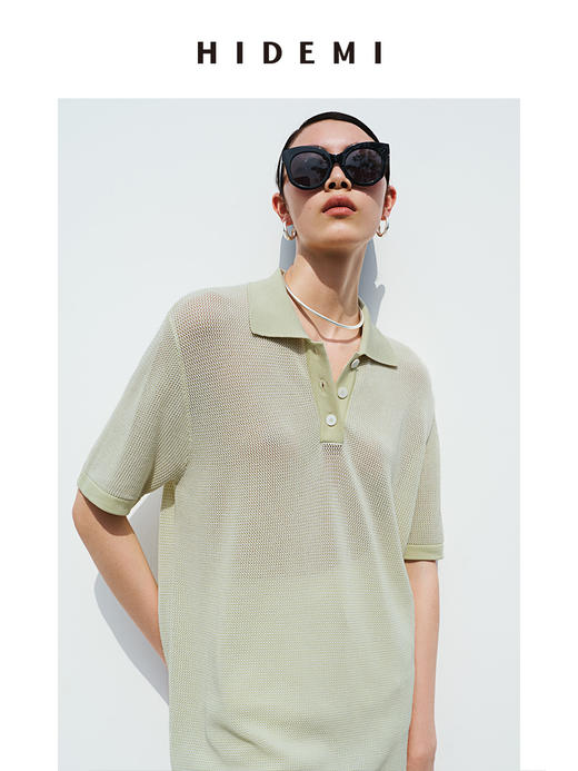 HIDEMI冰茶绿超薄天丝针织镂空感polo短袖 商品图1