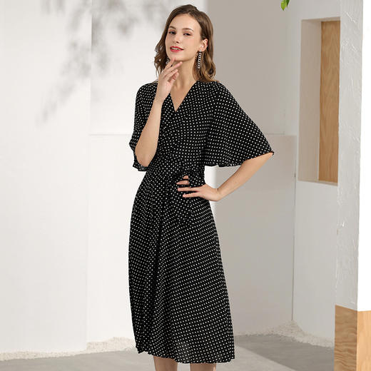 丁摩 喇叭袖收腰系腰带真丝连衣裙经典波点夏季裙子Q121093-DL699 商品图3