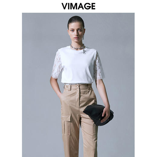 VIMAGE纬漫纪夏季新品白色百搭透气圆领蕾丝镂空五分袖T恤V1502102 商品图1