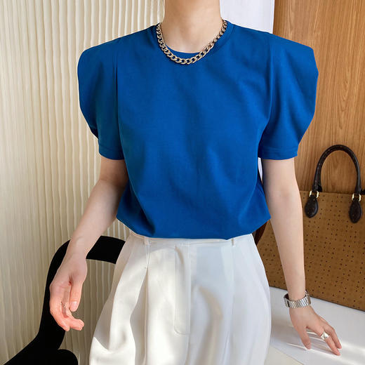 【 ins慵懒】 泡泡袖设计感T恤  慵懒宽松 经典圆领 商品图0