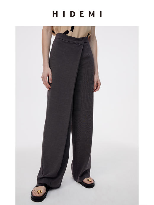 HIDEMI夜灰色简约不对称设计感一粒扣阔腿裤 商品图6