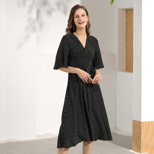 丁摩 喇叭袖收腰系腰带真丝连衣裙经典波点夏季裙子Q121093-DL699 商品图0