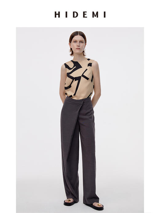 HIDEMI夜灰色简约不对称设计感一粒扣阔腿裤 商品图11