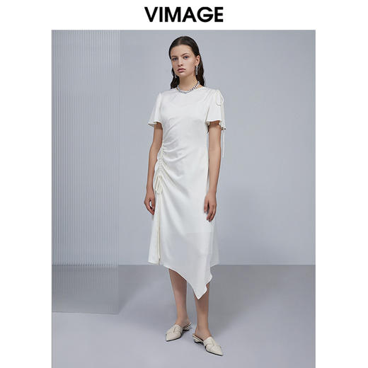 VIMAGE纬漫纪夏季新品纯色圆领通勤百搭透气不规则设计感小众长裙侧边系带连衣裙V1507129 商品图2