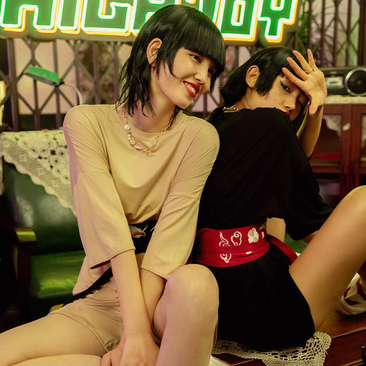 【凉感面料】火锅国潮系列刺绣 带腰封 落肩袖短袖/短裤 商品图0