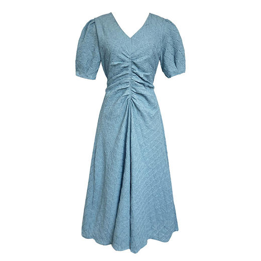 【法式复古】V领抽褶收腰连衣裙  宫廷风泡泡袖设计  优雅纹理 中长款显瘦 三色可选 商品图7