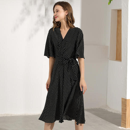 丁摩 喇叭袖收腰系腰带真丝连衣裙经典波点夏季裙子Q121093-DL699 商品图4