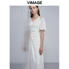 VIMAGE纬漫纪V领褶皱纯色百搭气质温柔风长裙仙女裙连衣裙V1507128 商品缩略图1