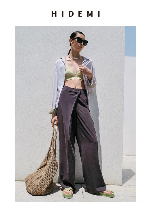 HIDEMI夜灰色简约不对称设计感一粒扣阔腿裤 商品图3