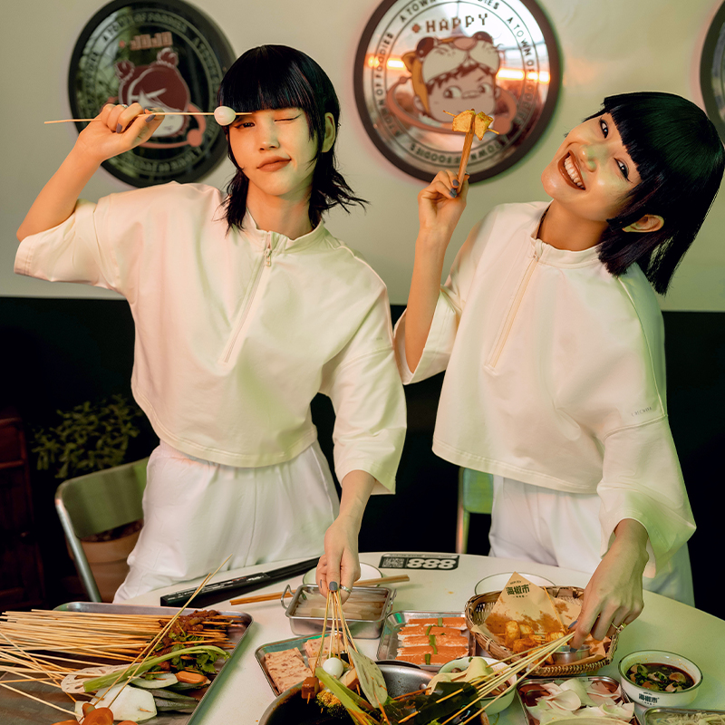 【棉感面料】火锅国潮系列落肩七分袖半拉链宽松卫衣健身服女T恤短袖