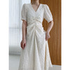 【法式复古】V领抽褶收腰连衣裙  宫廷风泡泡袖设计  优雅纹理 中长款显瘦 三色可选 商品缩略图1