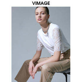 VIMAGE纬漫纪夏季新品白色百搭透气圆领蕾丝镂空五分袖T恤V1502102