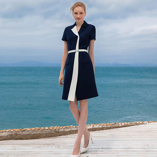 IWY/短袖蓝色拼色时尚连衣裙气质女神范职业装名媛正装Q406+D0082 商品图5