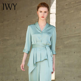 IWY/浅绿色薄款衬衫套装女不规则系带时尚套装气质穿搭职场女神工作服42B1+P2
