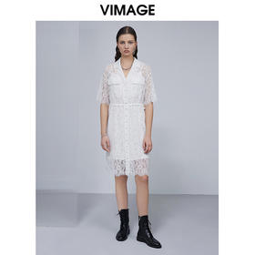 VIMAGE纬漫纪夏季新款翻领收腰显瘦气质中长款连衣裙V1507137