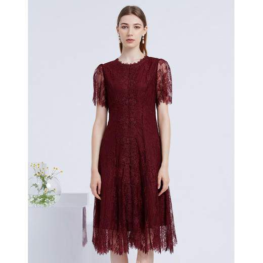 EITIE爱特爱夏季新款温柔花边领复古蕾丝收腰显瘦A字连衣裙 商品图1