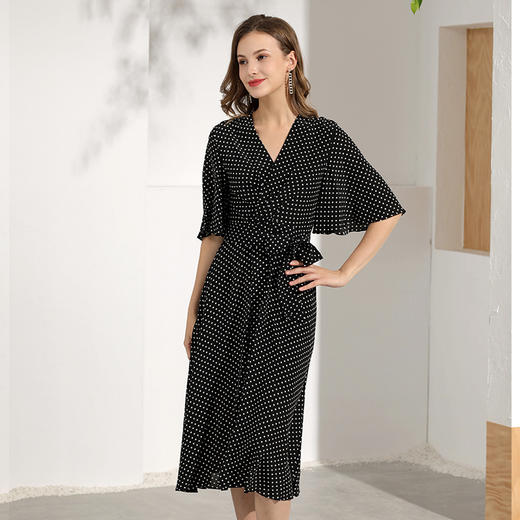 丁摩 喇叭袖收腰系腰带真丝连衣裙经典波点夏季裙子Q121093-DL699 商品图1