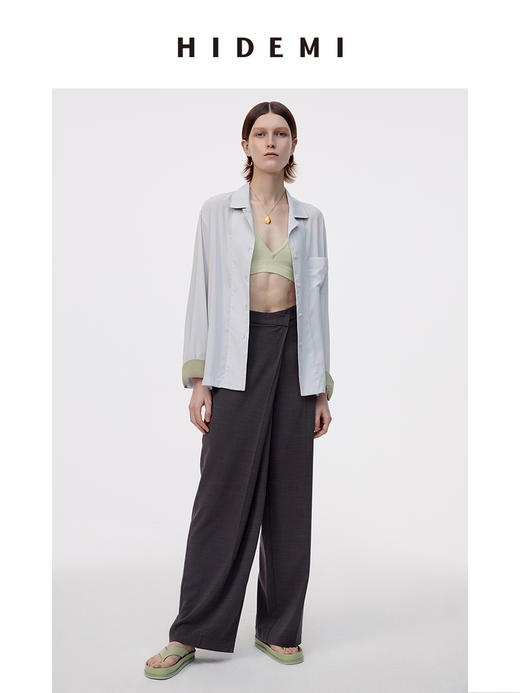 HIDEMI夜灰色简约不对称设计感一粒扣阔腿裤 商品图14