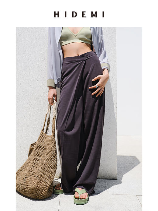 HIDEMI夜灰色简约不对称设计感一粒扣阔腿裤 商品图1