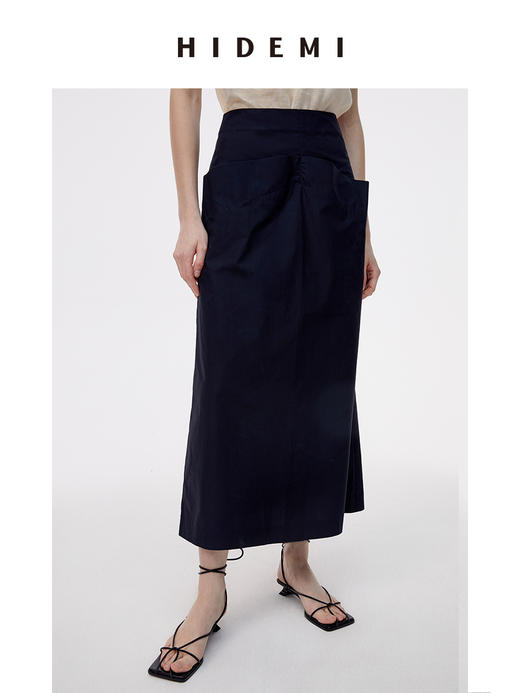 HIDEMI黑色简约大口袋设计感半身A字长裙 商品图11