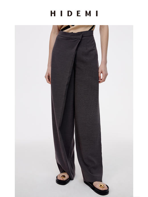 HIDEMI夜灰色简约不对称设计感一粒扣阔腿裤 商品图5