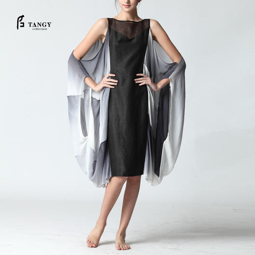 TANGY Collection/天意精品春夏走秀款真丝拼纱吊染莨绸连衣裙 商品图0