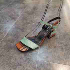 lfgj jeans AG802 蛇皮格子布拼接中粗跟女凉鞋