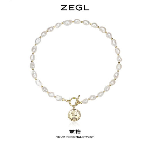 ZEGL巴洛克淡水珍珠项链女轻奢小众复古硬币人像吊坠短款锁骨颈链 商品图0