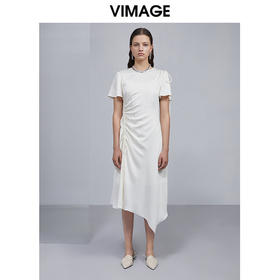VIMAGE纬漫纪夏季新品纯色圆领通勤百搭透气不规则设计感小众长裙侧边系带连衣裙V1507129