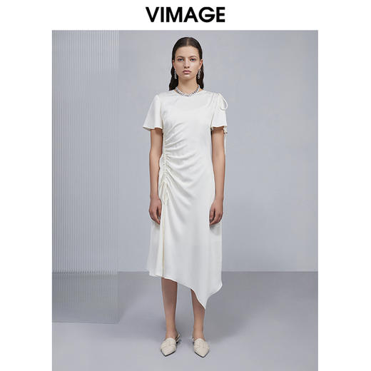 VIMAGE纬漫纪夏季新品纯色圆领通勤百搭透气不规则设计感小众长裙侧边系带连衣裙V1507129 商品图0