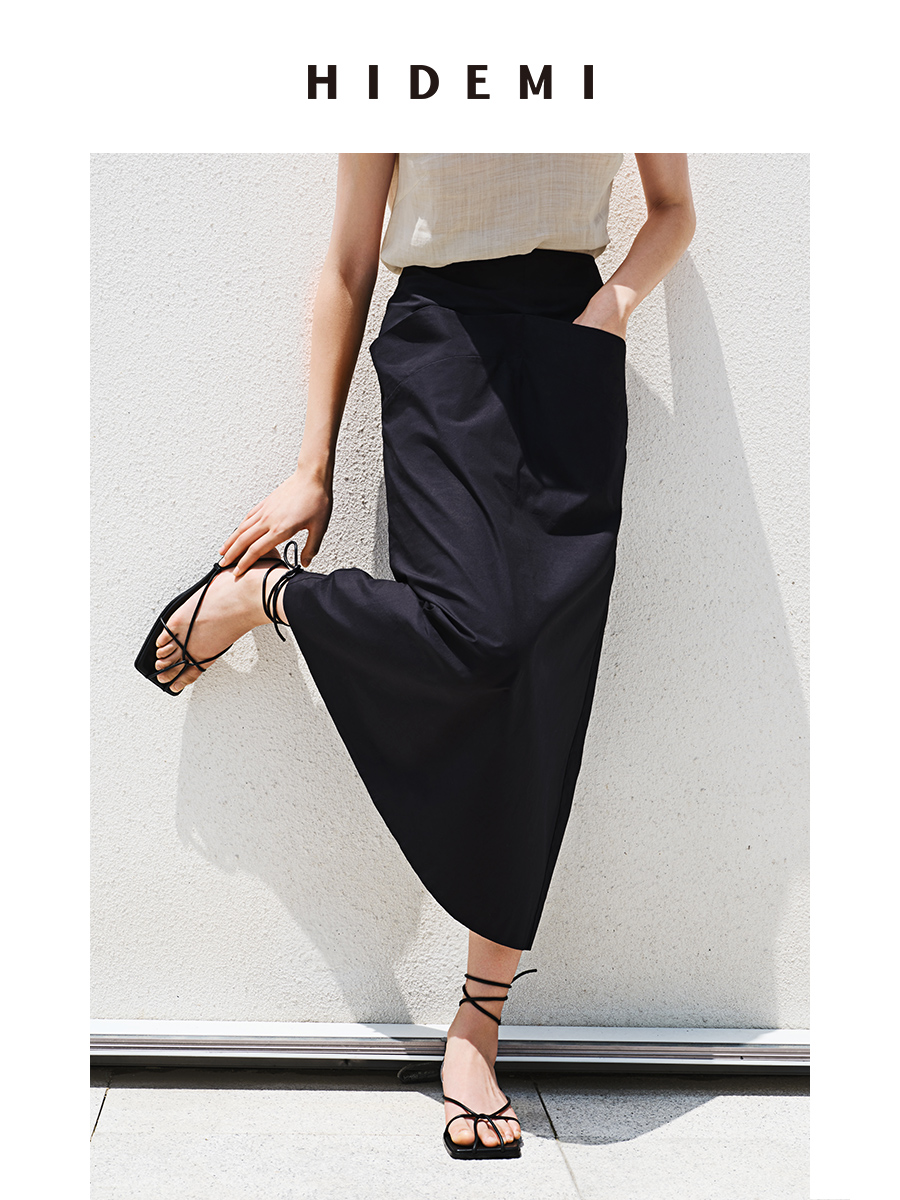 HIDEMI黑色简约大口袋设计感半身A字长裙