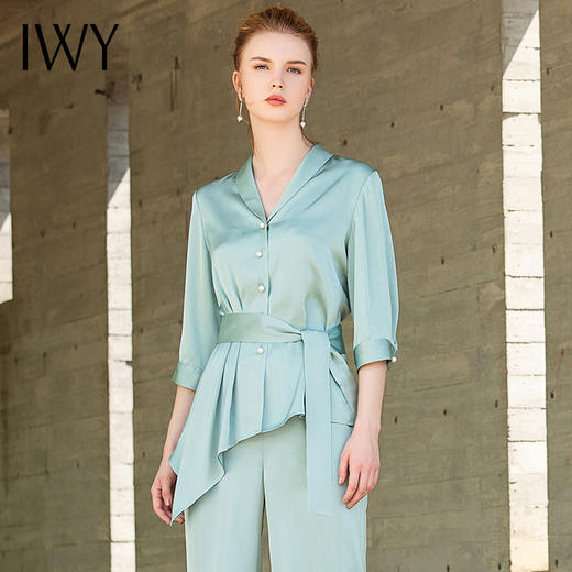 IWY/浅绿色薄款衬衫套装女不规则系带时尚套装气质穿搭职场女神工作服42B1+P2 商品图1