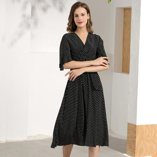 丁摩 喇叭袖收腰系腰带真丝连衣裙经典波点夏季裙子Q121093-DL699 商品图2
