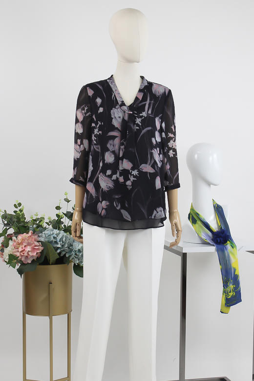 FOCALS福柯斯女装夏季新款桑蚕丝翻领系带印花衬衫RGBN358BV 商品图5