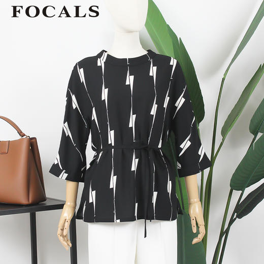 FOCALS福柯斯女装夏季新款圆领通勤七分袖印花衬衫YJAN023NW 商品图0