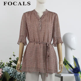 FOCALS福柯斯女装夏季新款喇叭袖气质格子印花衬衫2YBN251JP