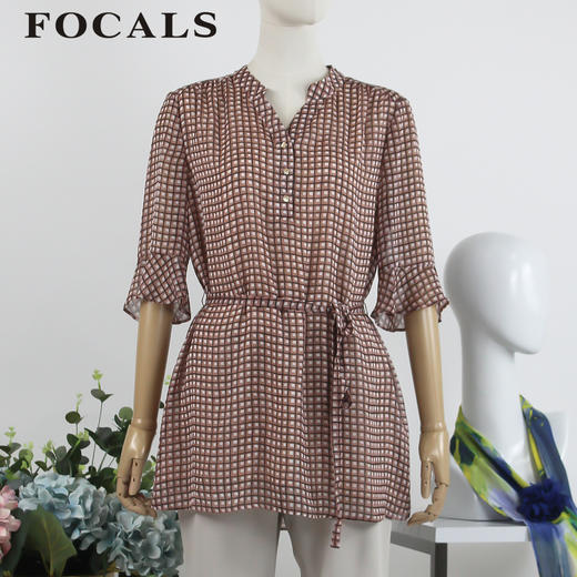 FOCALS福柯斯女装夏季新款喇叭袖气质格子印花衬衫2YBN251JP 商品图0