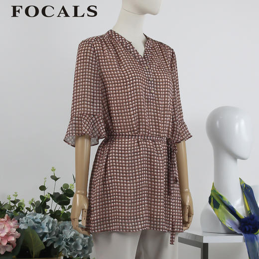 FOCALS福柯斯女装夏季新款喇叭袖气质格子印花衬衫2YBN251JP 商品图1