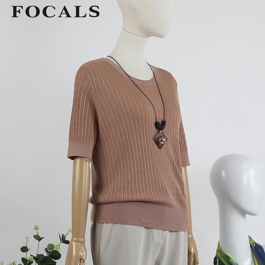FOCALS女装夏季新款通勤百搭短袖圆领螺纹针织T恤上衣2YBT235P1 商品图1