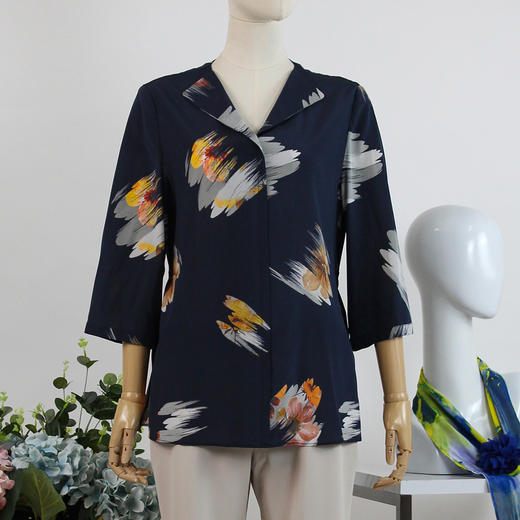 FOCALS福柯斯女装夏季新款桑蚕丝翻领系带印花衬衫RGBN358BV 商品图0