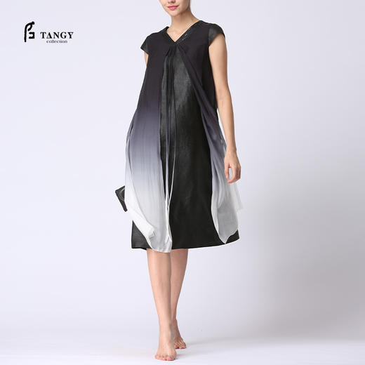 TANGY Collection/天意精品春夏款真丝V领吊染莨绸香云纱连衣裙 商品图0