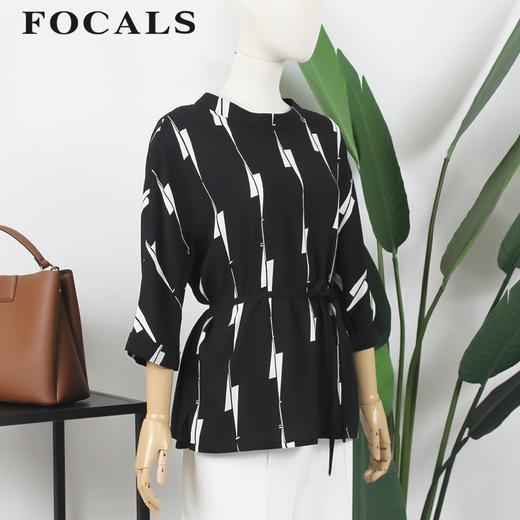 FOCALS福柯斯女装夏季新款圆领通勤七分袖印花衬衫YJAN023NW 商品图1