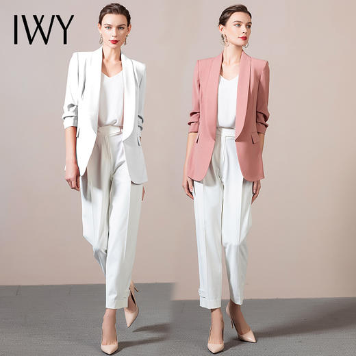 IWY/白色女西装套装短袖职业装时尚气质面试通勤正装修身工作西服
212061C1+212072P1（白） 商品图4