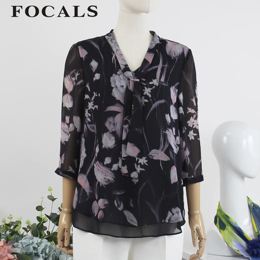 FOCALS福柯斯女装夏季新款时尚气质领带真丝印花衬衫RGBN285PV 商品图0