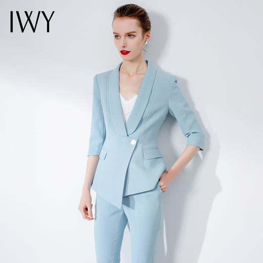 IWY/蓝色职业西装套装简约优雅大气修身工装不对称设计名媛通勤OL
C1117+P1117 商品图1