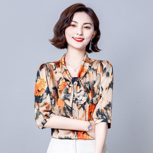 MZ  104026飘带领遮肚显瘦大码衬衫印花小衫 商品图0